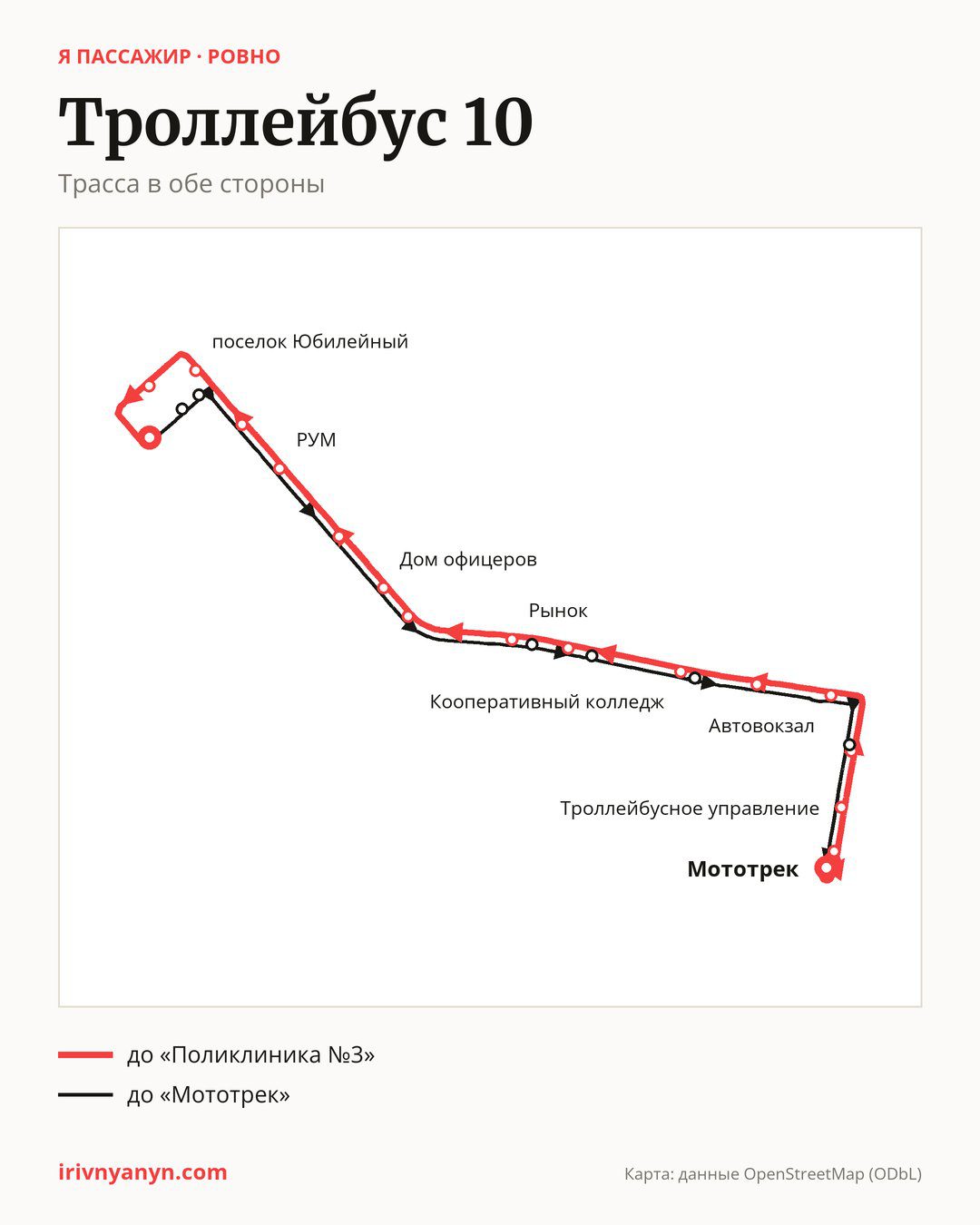 Троллейбус 10 в Ровно на карте: трасса в обе стороны